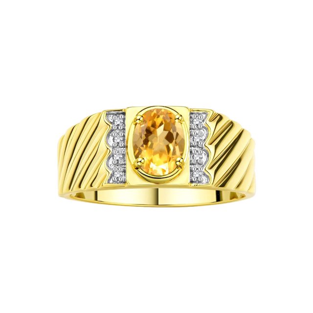 Rylos Yellow Gold Plated Silver Classic 8X6MM Oval Citrine & Sparkling Diamond Ring - Birthstone Jewelry for Men -Size 13