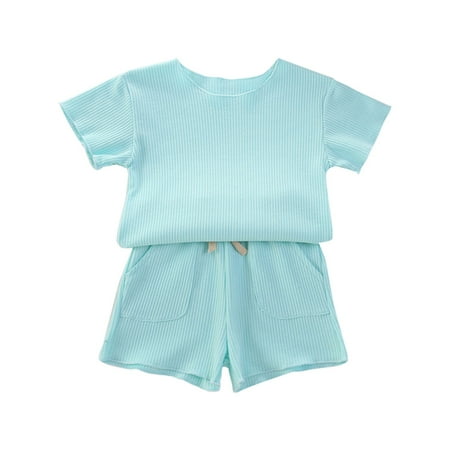 

Toddler Summer Tracksuit O Neck Vest Elastic Waist Shorts Summer Solid Color Thin Short Sleeve