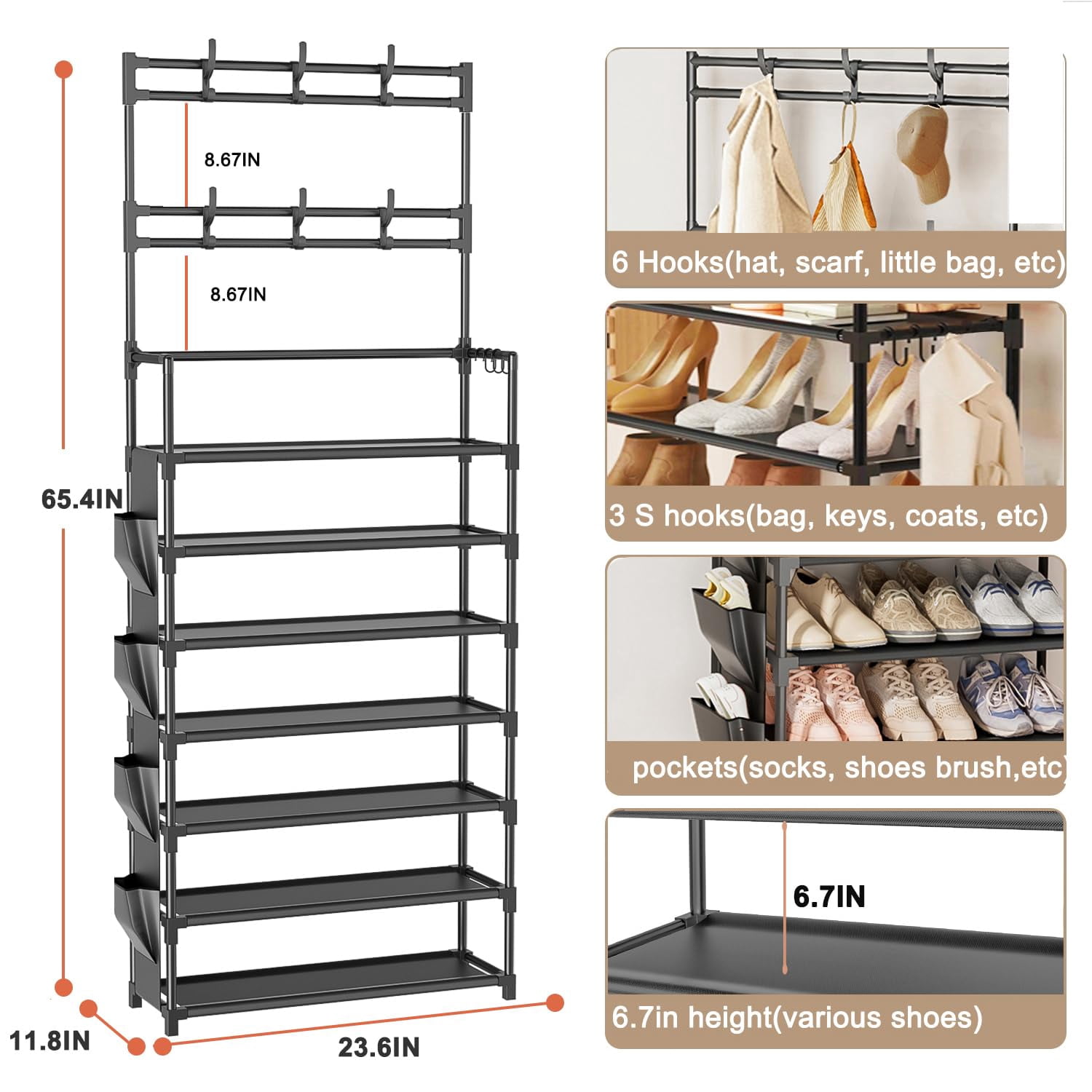 Shoe Rack 7 Tier Organizer Storage 21-28 Pairs Closet Shoes For Front Door Entrance With Hooks Side Pocket Entryway Large Capacity Shelf Tower Garage