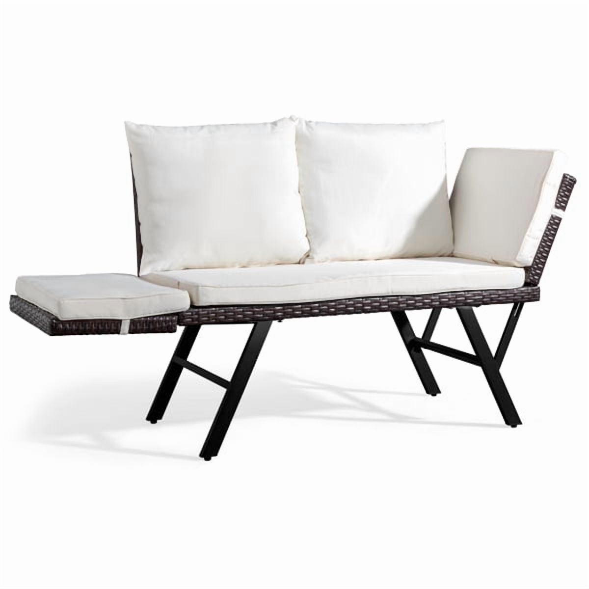Outdoor Sofa, Woven Rattan Patio Furniture, Convertible Daybed or Double Chair with Adjustable Armrests, Cushions and Pillows for Yard Porch Pool, Gray Lounger & Beige Cushion