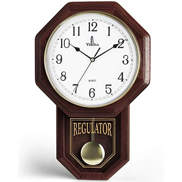 Pendulum Wall Clock - Decorative Wood Wall Clock with Pendulum - Schoolhouse Clock Regulator Design, Battery Operated & Silent, Wooden Pendulum Clock for Living Room, Office, Home