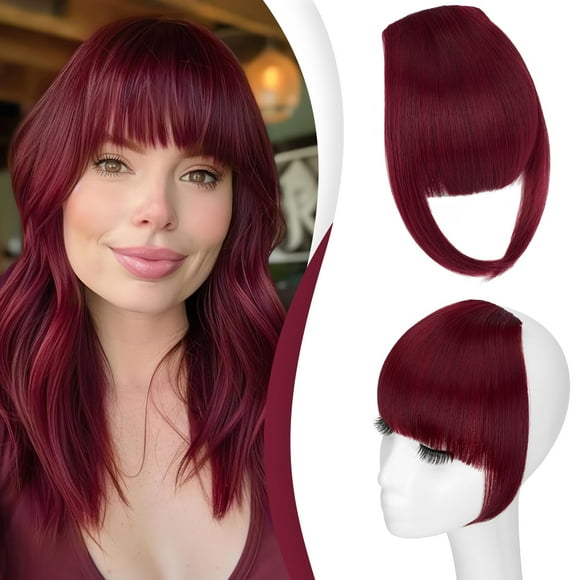 Felendy Clip in Bangs, Synthetic Fake Bang Hair Clip, French Bangs Fringe Hair Pieces for Women Natural Curved Hair Extensions for Daily Wear Wine Red