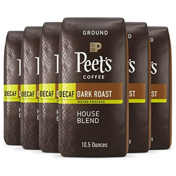 Indulge in the Rich Flavor of Peet's Coffee Dark Roast Decaffeinated Ground Coffee - Decaf House Blend - 63 Ounces (Six Bags of 10.5 Ounce): A Delectable Cup of Bold Decaf Bliss!.