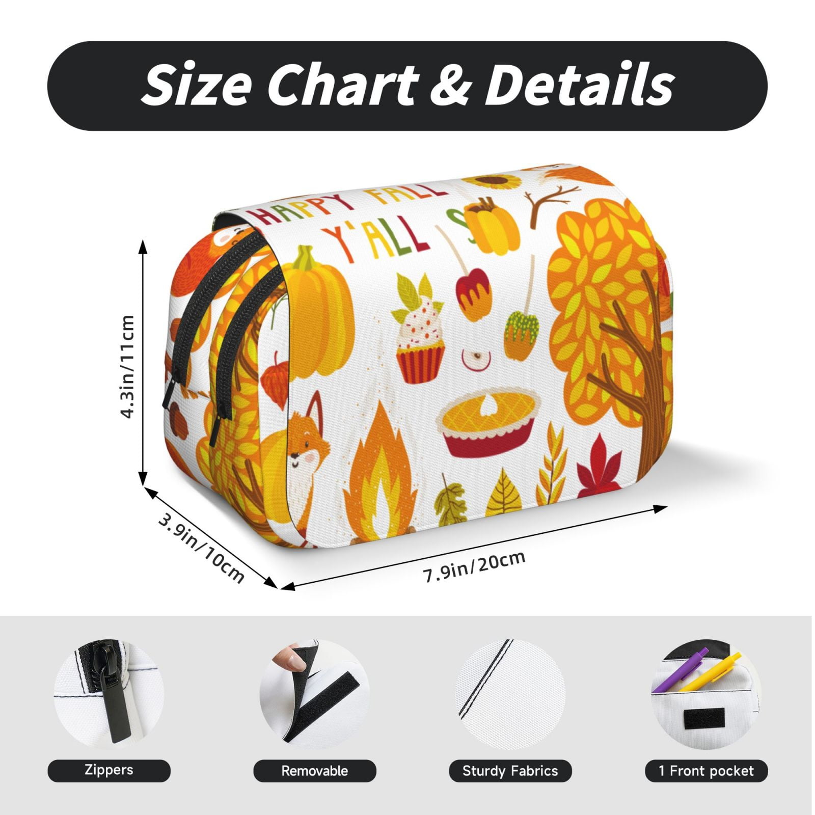 Rateoe HAPPY FALL Y'ALL Pattern Double Clamshell Pen Case, Storage Organizer with Two Zipper Compartments– Holds Up to 50 Pencils & Pens