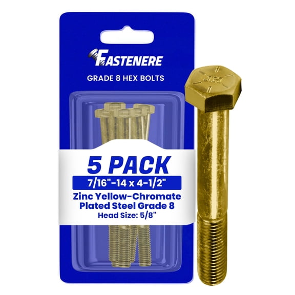 Fastenere 7/16"-14 x 4-1/2" Hex Bolts Grade 8 Zinc Yellow-Chromate Plated Steel, Partial Threaded Durable Hex Bolts for Machinery & Construction, Rust-Resistant, Heavy-Duty Fasteners, Pack of 5