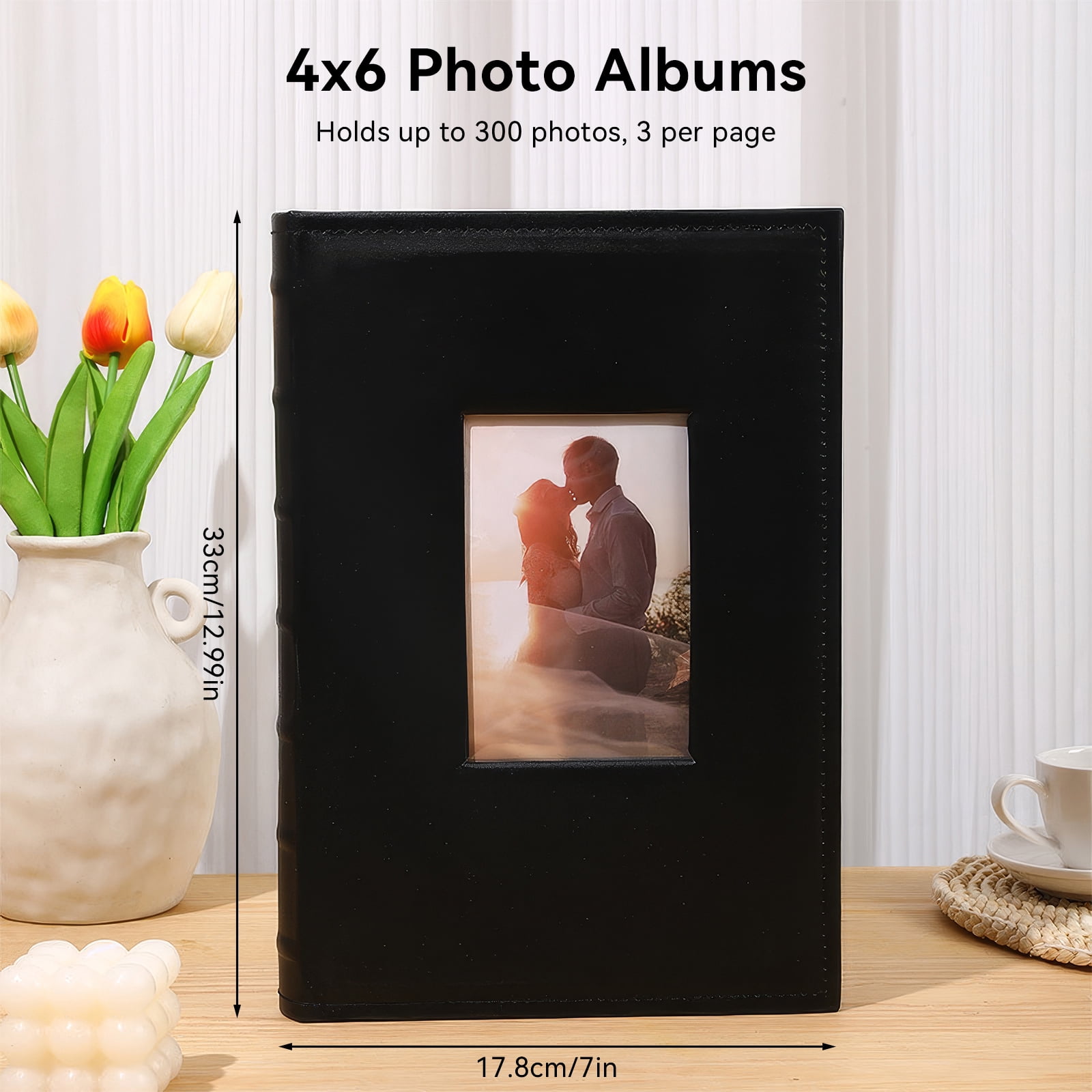 4x6 Photo Album Holds 300 Pictures, Leather Cover with Front Window, Large Capacity Slip-in Picture Albums with Horizontal Pockets for Wedding Kids Travel Anniversary Family Baby Photo Books, Black