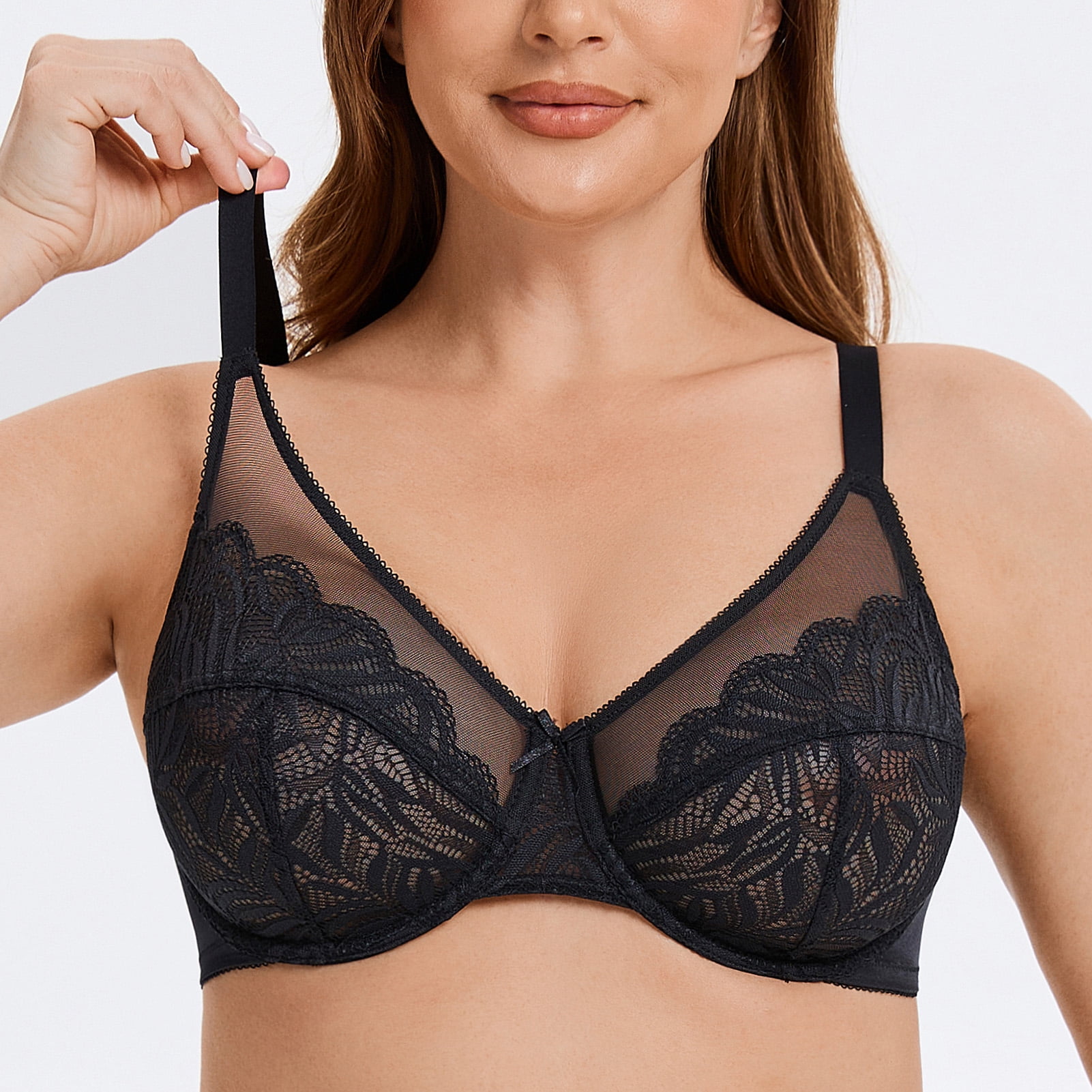 MELENECA Women's Minimizer Bras for Large Bust Underwire Plus Size Full Coverage Lace Bras Black 42E