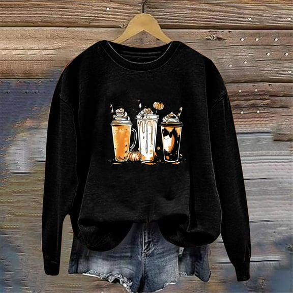 WFJCJPAF 2024 New Thanksgiving ! Womens Thanksgiving Tops Plus Size,Women's Round Neck Printed Long Sleeve Hoodless Sweatshirts Top,Thanksgiving Tops for Women - Black S