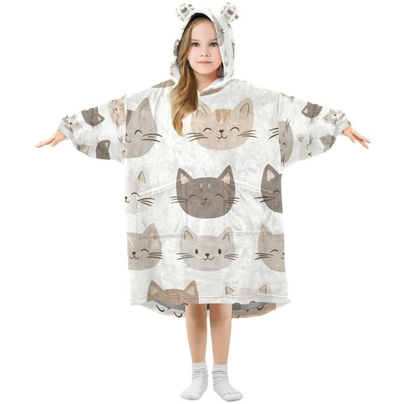 FORMRS Wearable Blanket Hoodie with Sleeves for Kids Cozy Flannel Sweatshirt, Light Gray Cat Pattern