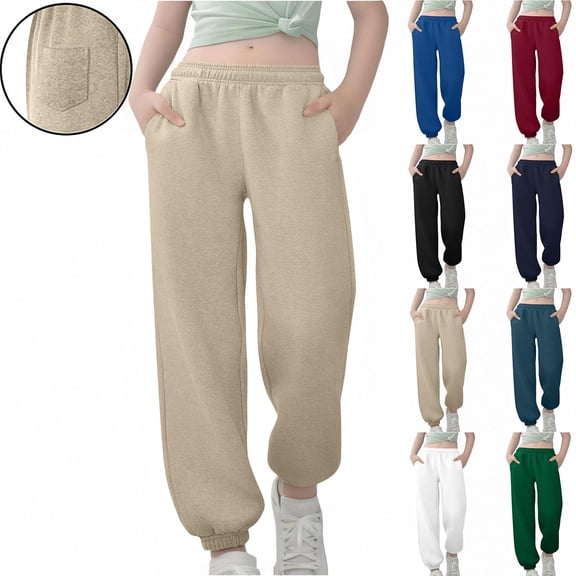 QATAINLAV Sweatpants for Teen Girls Unisex Baggy Elastic Waist Joggers Cinch Bottom Track Pants with Pockets School Uniform Beige