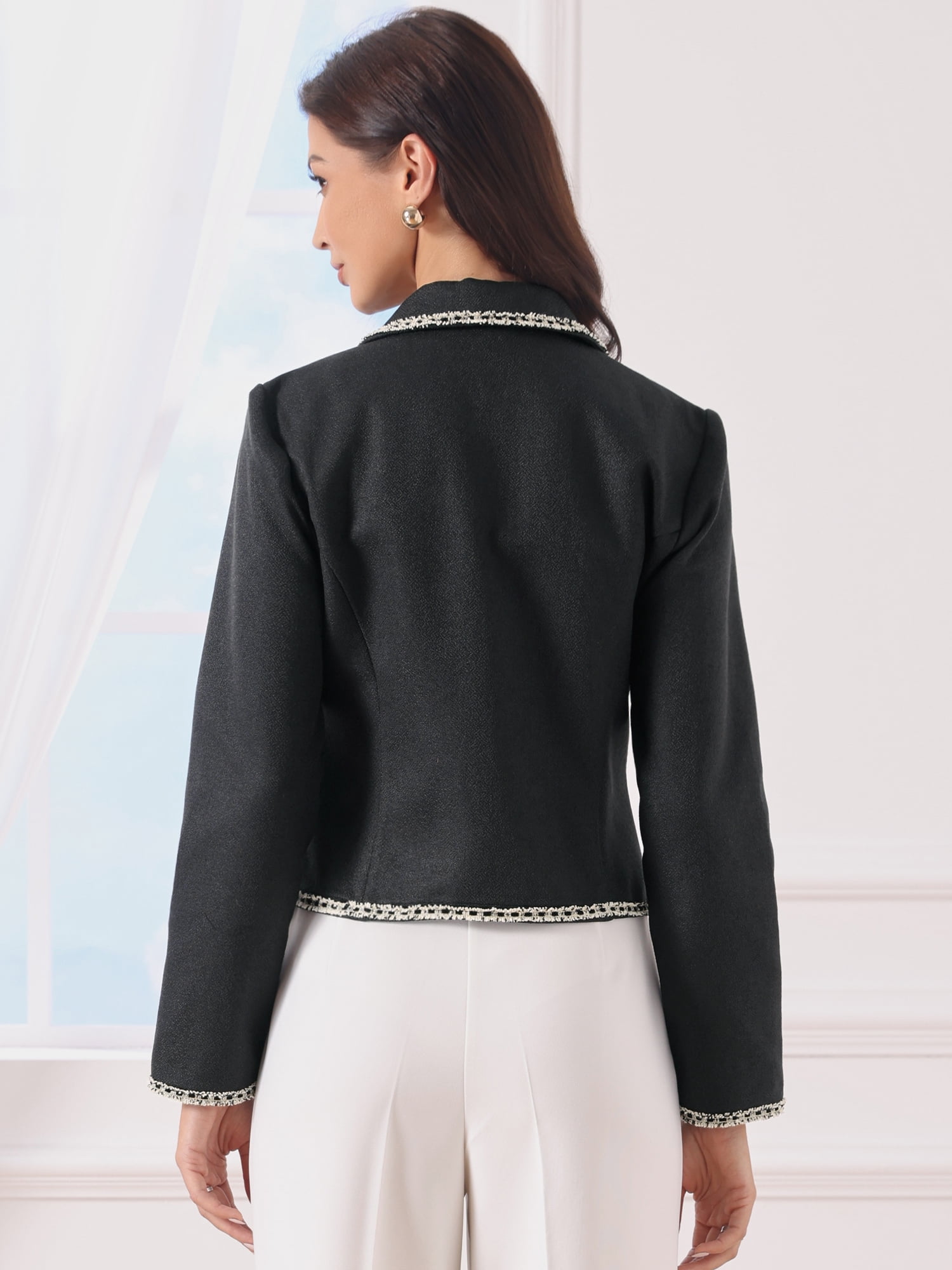 DARING DIVA Women's Vintage Notched Lapel Long Sleeve Cropped Blazer M Black