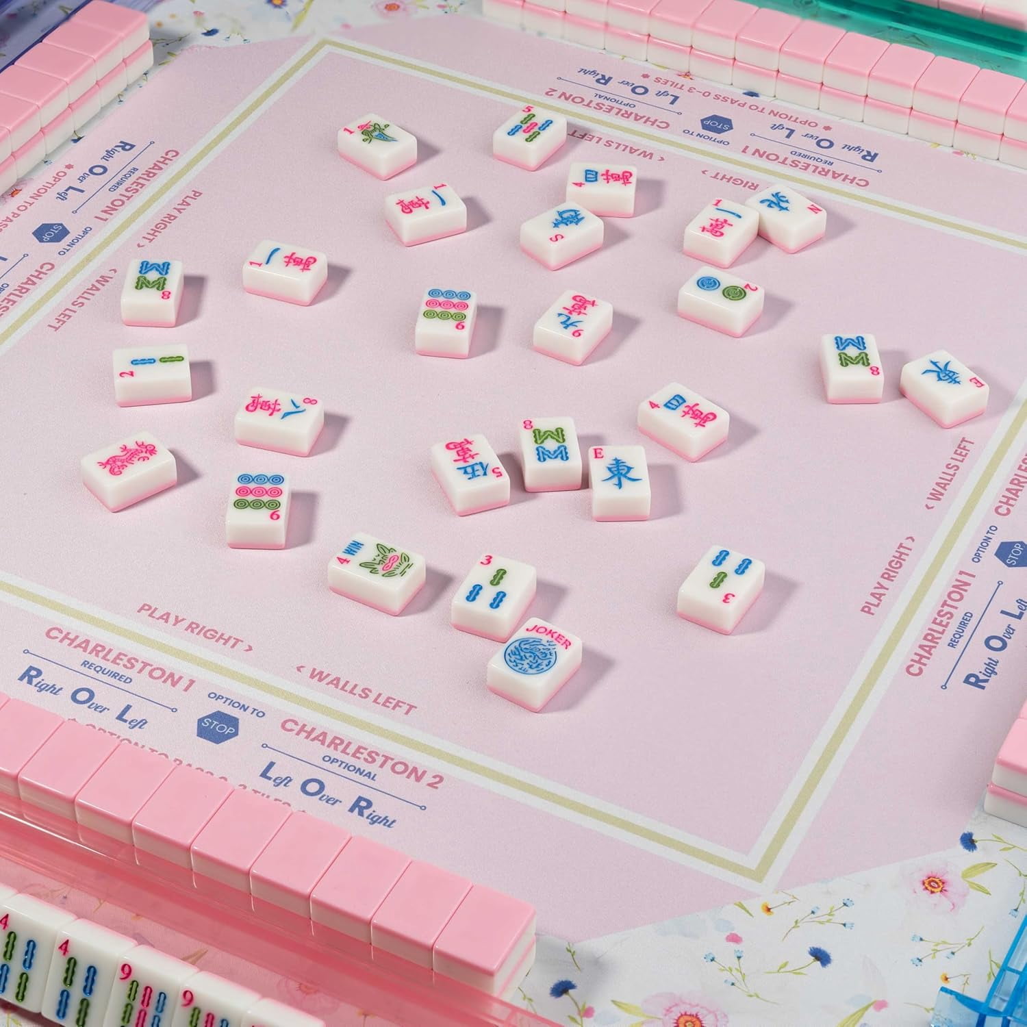 Mahjong Mat - American Mah jongg Mat for Table 32x32 Inch Non-Slip Noise Reduction Mahjong Mat with Rules, Portable Gaming Mat for Poker, Tiles & Dominoes (Pink Blooms)