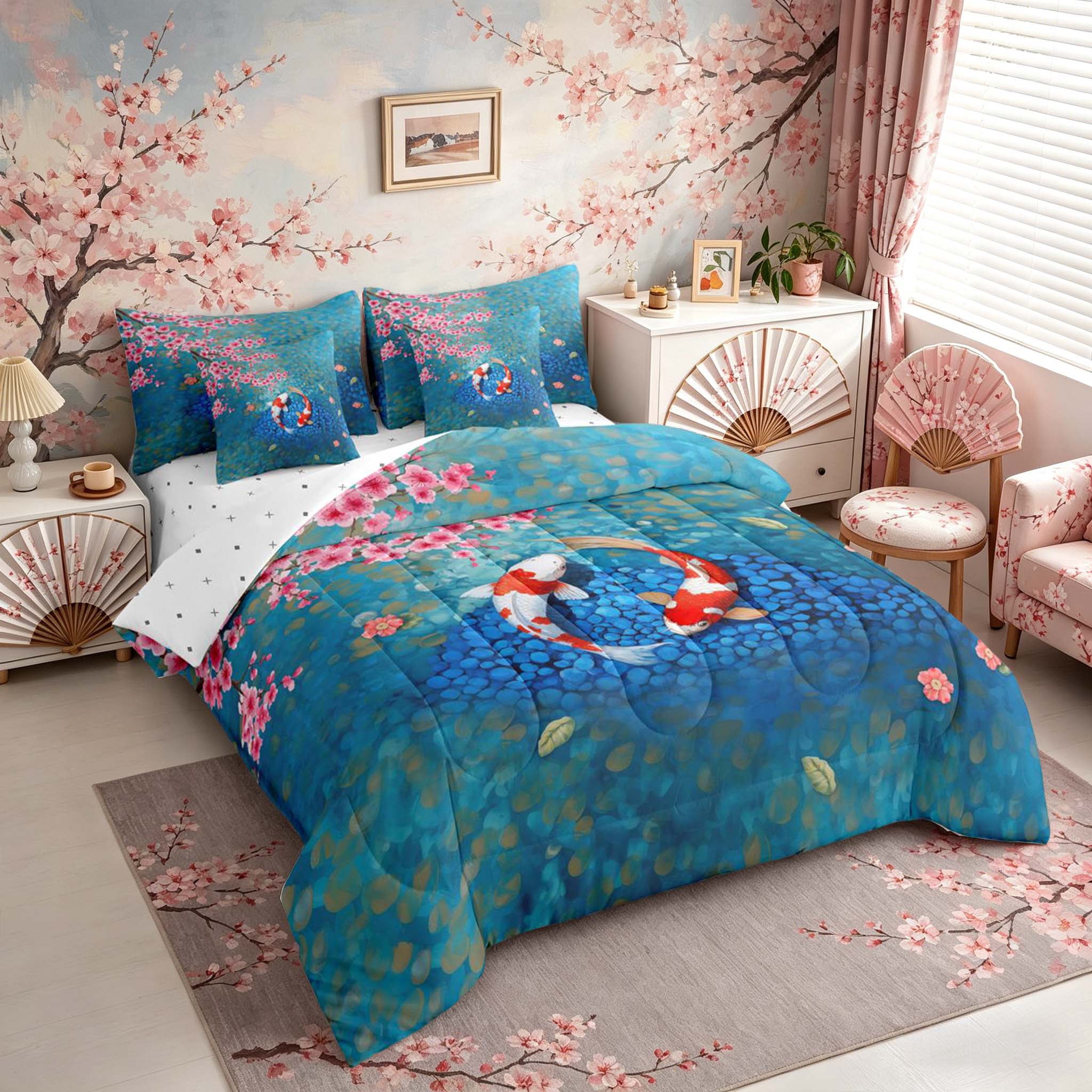 Manfei Oil Painting Koi Fish Bedding Comforter Set for Girls, Sakura Pond King Bedding Sets, Blue Pink, Reversible 7pcs