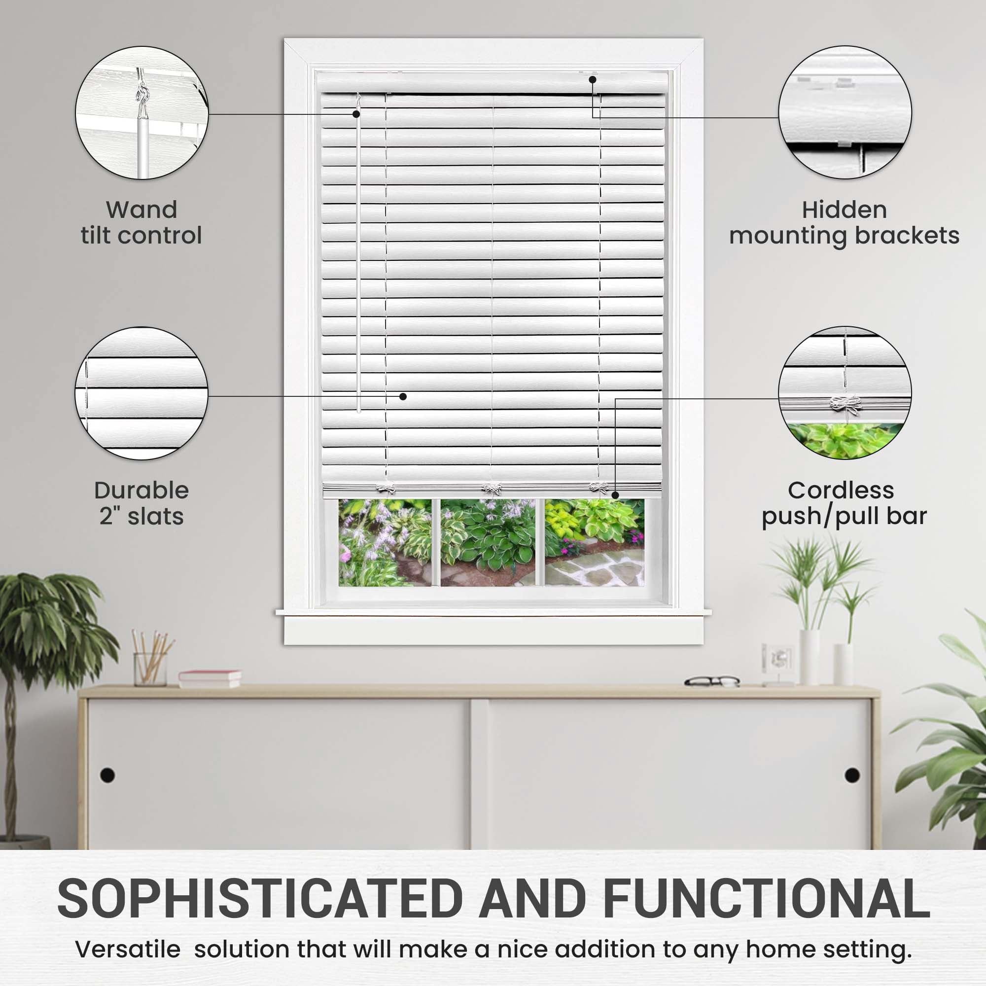 PowerSellerUSA Cordless Window Blinds, 2" Slats Vinyl Mini Blind, Premium Embossed Woodgrain, Anti-UV Window Treatment, White, 43" Width x 64" Length, (Fits windows 23" - 64")