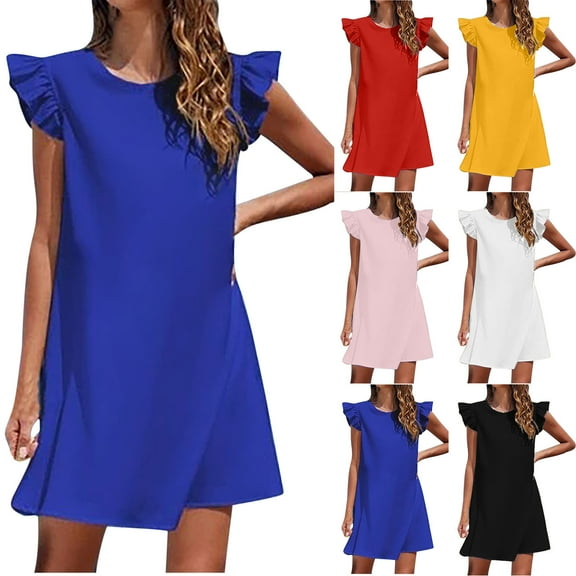 USSUMA Casual Dresses for Women Summer Dress Sleeveless Crew Neck Casual Solid Color Ruffle Loose Fit Maxi Dress Trendy Dress Lightweight Dresses Street Clearance Sale Black Dress Size-L