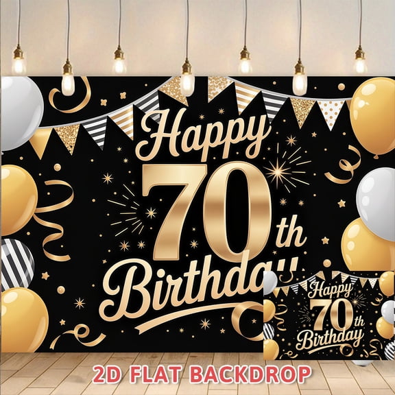 70th Birthday Backdrop Black and Gold Theme Photography Background Banner for Adult Birthday Party Decorations Anniversary Celebration Photo Booth Props
