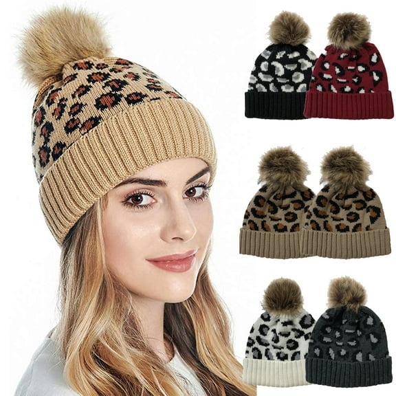 Windfall Womens Winter Beanie Cap Chunky Cable Knit Hat with Pompom Soft Warm Leopard Print Hat