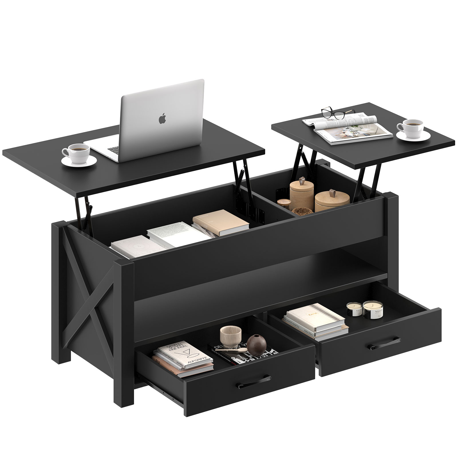 Greenstell Lift Top Coffee Table 47.2" with Storage Drawers and Hidden Compartment,Black