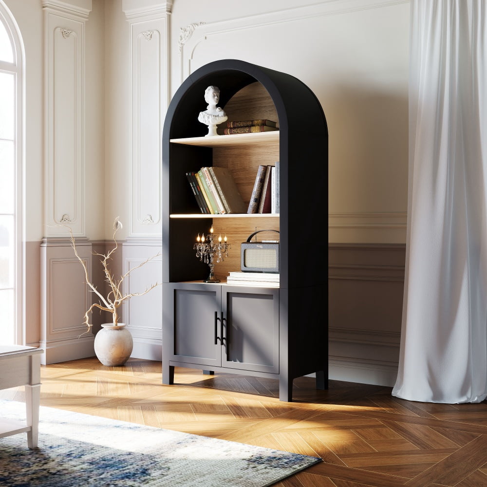 MINESTIA 66.7" Tall Arched Bookshelf, Modern Wood 4 Tiers Arch Cabinet Bookcase with 3 Open Shelves & Enclosed Storage, Black & Natural Wood
