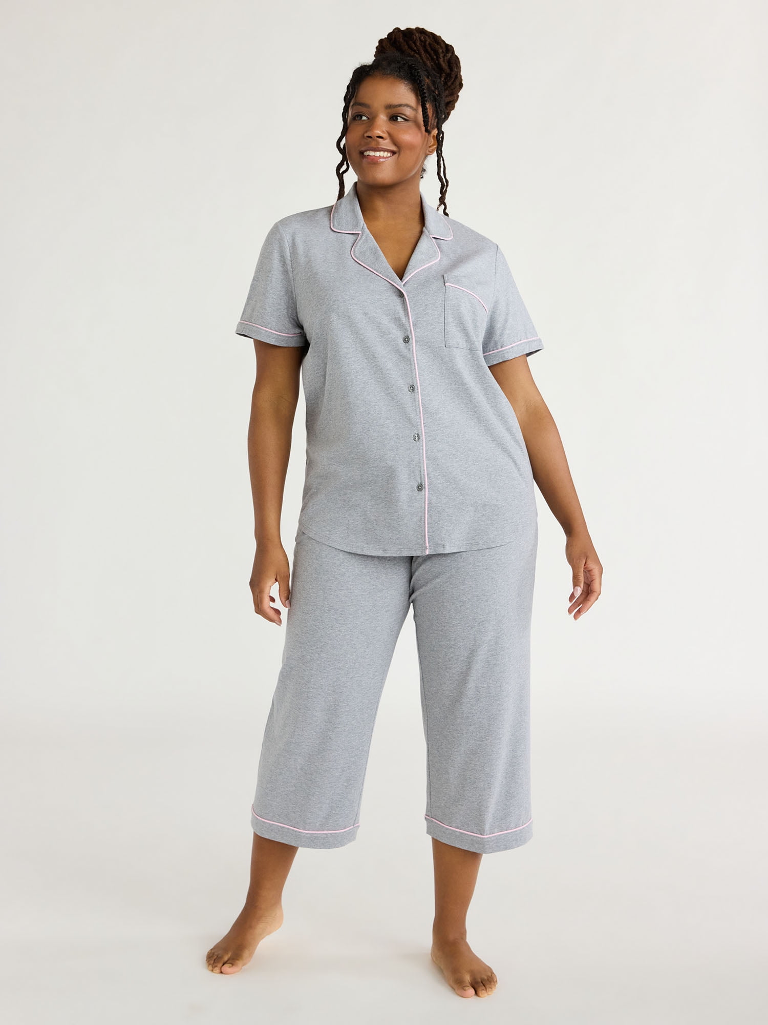 Joyspun Women's Cotton Blend Notch Collar Top and Capri Pants Pajama Set, 2-Piece, Sizes S to 4X