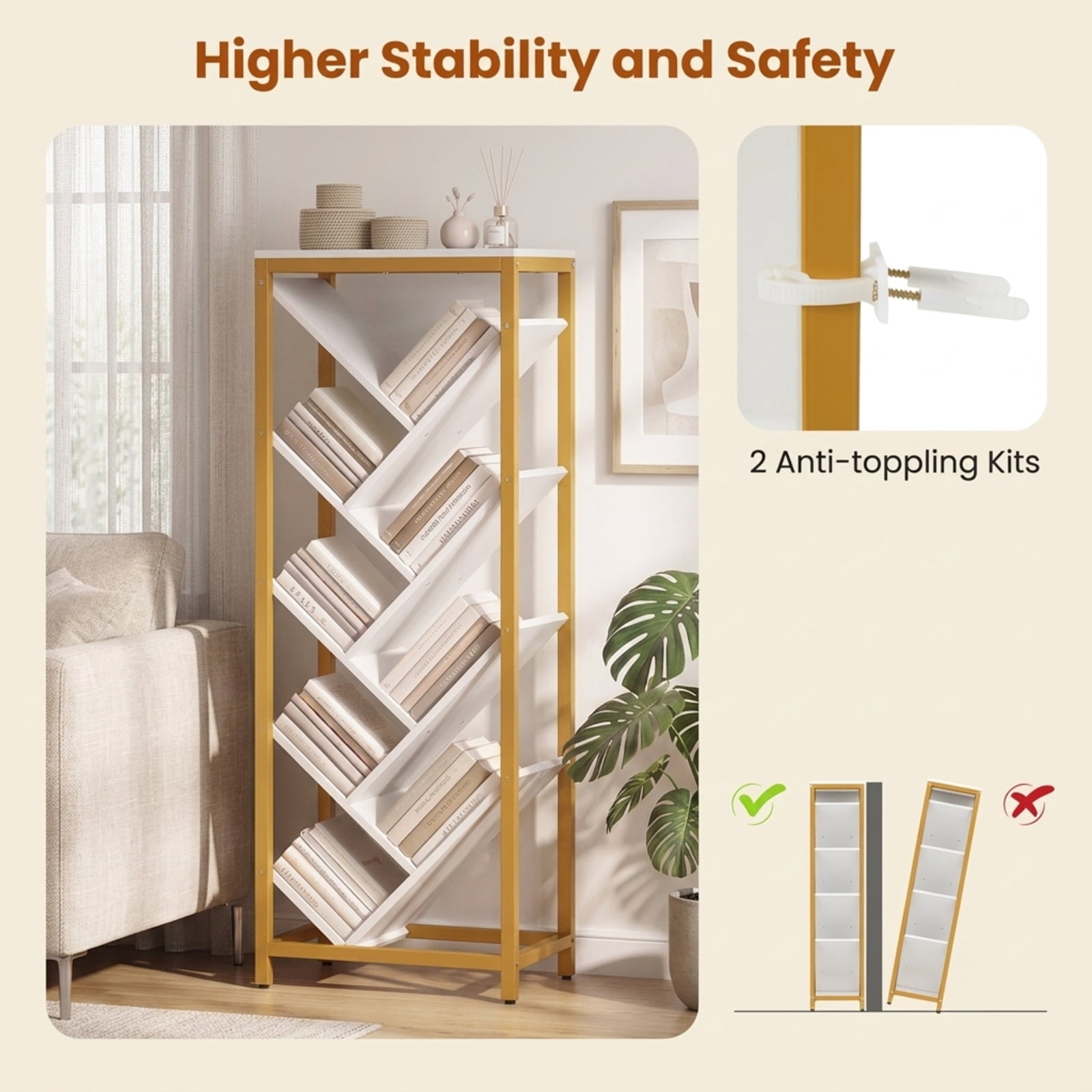 Furnibear 9-Tier Freestanding Tree Bookcase Tall Wood Bookshelf with Staggered Open Shelves and Sturdy Metal Frame for Books, White