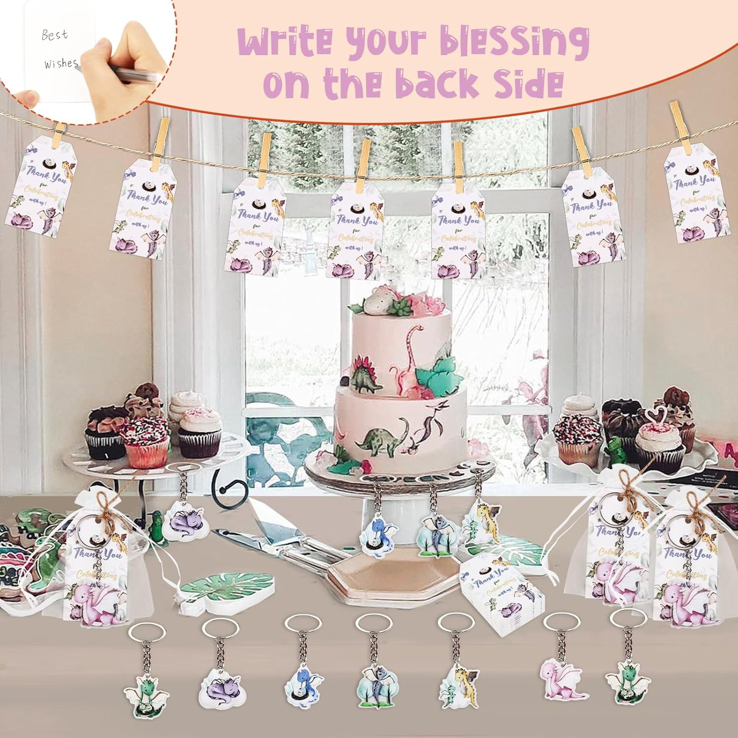 Serencatcher 72Pcs Dragon Party Favors, Dragon Baby Shower Decorations, Watercolor Dragon Thank You Tags Keychain White Organza Bags for Hatching Soon Baby Shower Birthday Party Supplies