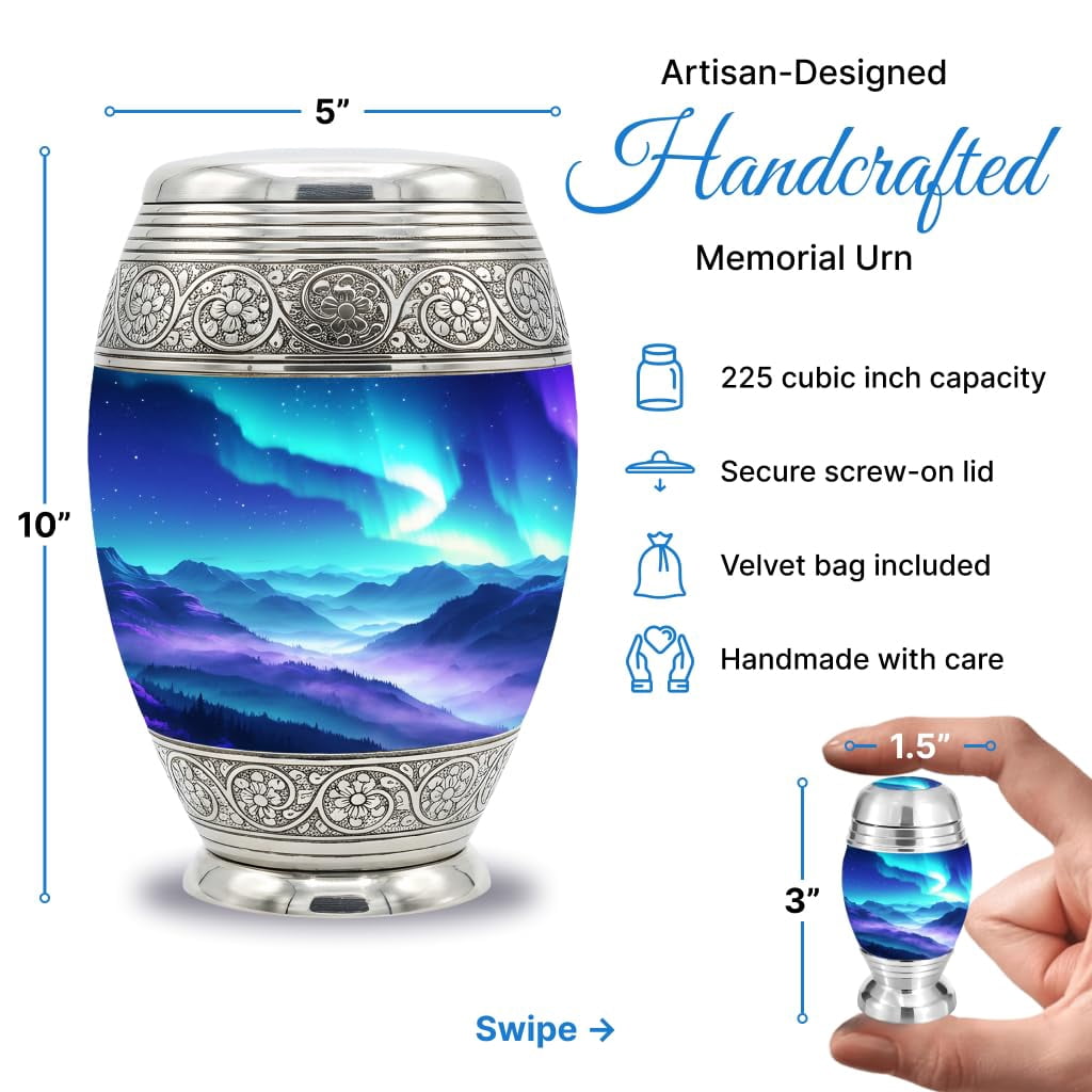Set of 6 Cremation Urns for Human Ashes Includes 1 Large Urn with 4 Small Keepsakes & 1 Silver Necklace - Aurora Mountain