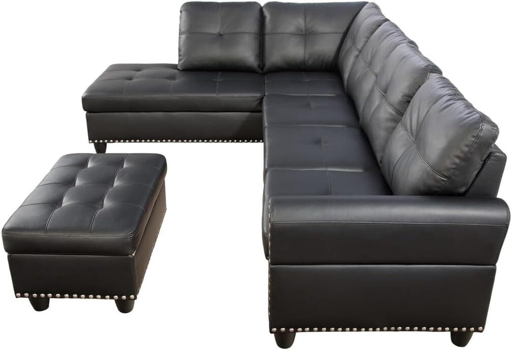 DEALTOPS L-Shaped Sectional Sofa Set with Storage Ottoman - Leather Upholsted Sofa Couch, Nailhead Trim, Black