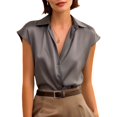 thumbnail image 5 of Endives Women's Satin Shirt Elegant Short Sleeve Shirts V Neck Work Shirt Business Casual Outfits Womens Blouses Dressy Summer Tops S-5XL Grey XXXL, 5 of 6