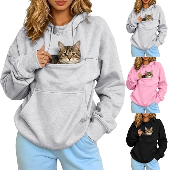 UDAUDU Womens Pet Pouch Hoodie Cat Carrier Hoodie Dog Oversized Long Sleeve Drawstring Sweatshirt With Pockets 2XL
