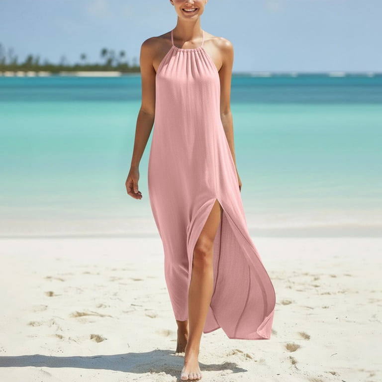 high slit beach dress Vacation Long for Women Halter Neck Pleated Sleeveless Flowy Summer Maxi Dress with (2XL, Pink) fantasy double slit dress