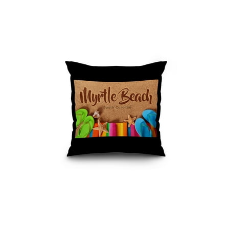 South Carolina Flip Flops - Myrtle Beach, South Carolina - Flip Flops on Beach - Lantern Press Photography (16x16 Spun Polyester Pillow, Black Border)