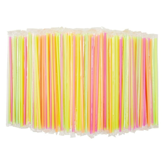 600-Pack Colorful Individually Wrapped Plastic Drinking Straws, Extra Long, Bulk, Disposable Party Supplies, 4 Neon Colors (10.2 in)