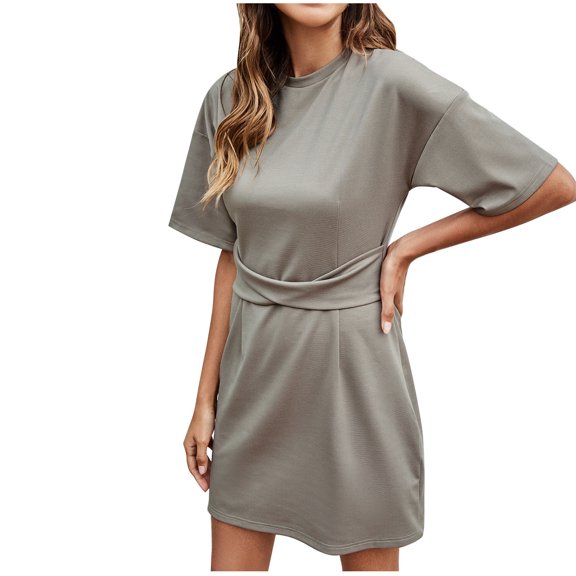 yievot Womens Casual Dress Short Sleeve Round Neck Solid Color Tunic Tshirt Mini Dress