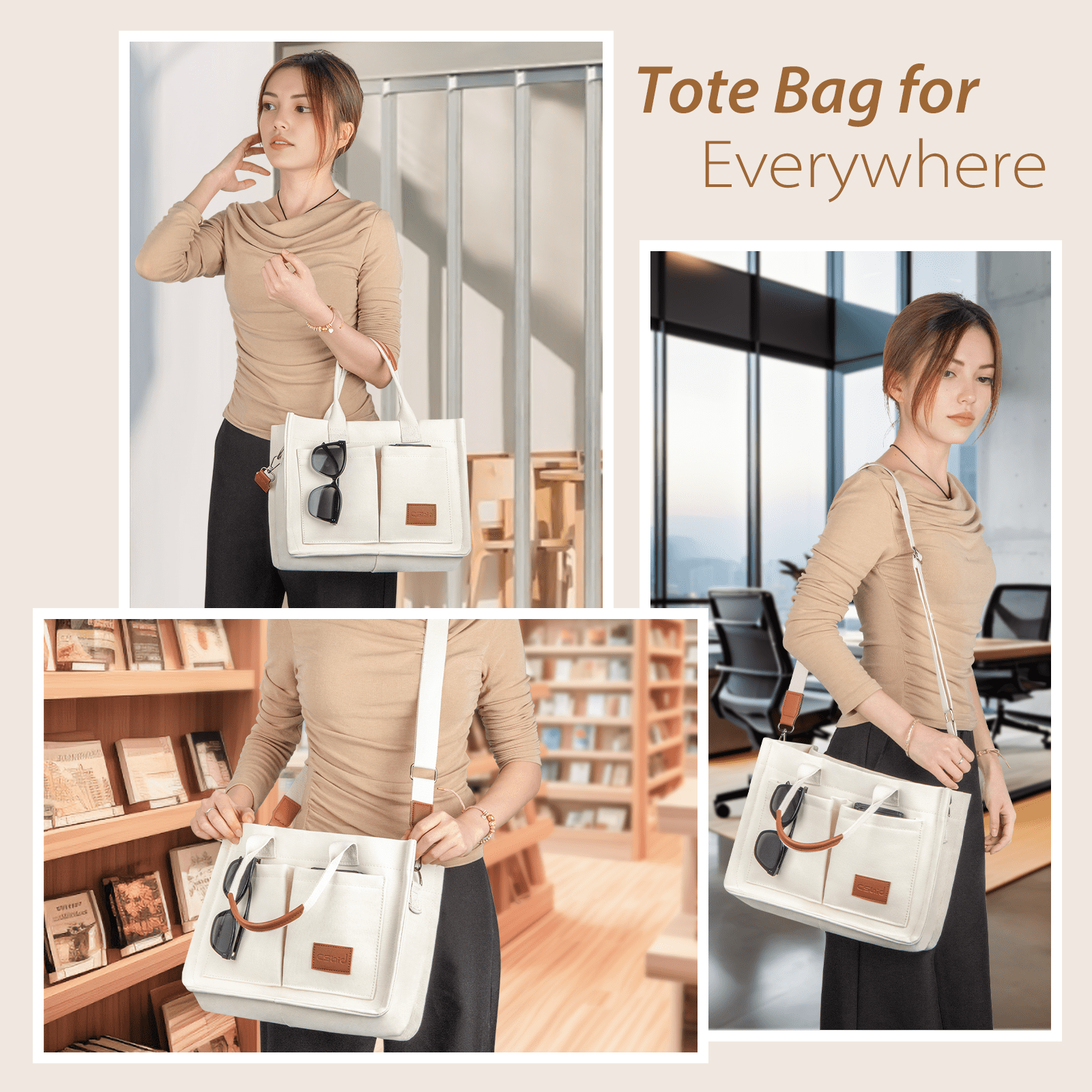 Canvas Tote Bag with Multi-Pocket for Women, Large Crossbody Shoulder Handbag Everything Tote Bag with Compartments, Laptop Work Bags Shoulder Travel Messenger Gym Totes, White