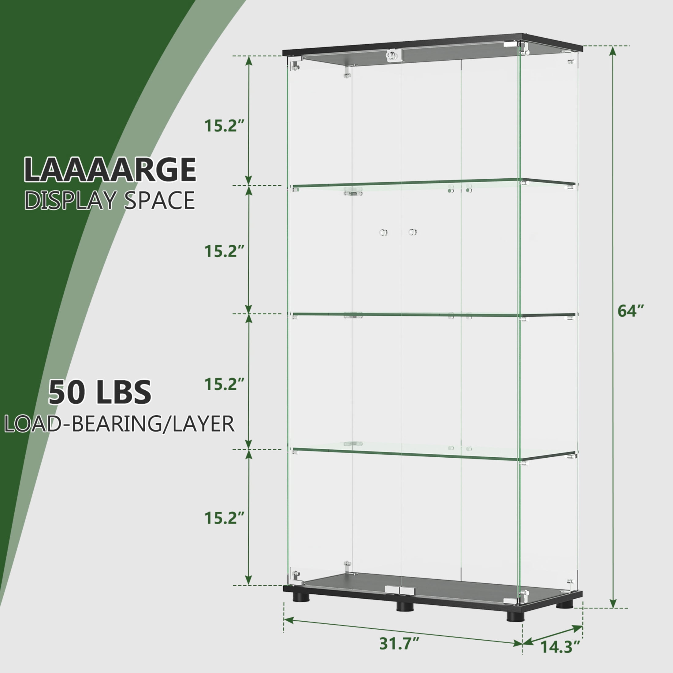 Noble House Floor Standing Display Cabinet with Locking Double Doors, 4-Shelf Tempered Glass Curio Cabinet, Black