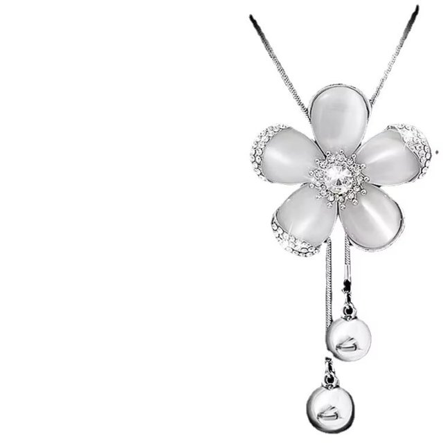 Collar con colgante de cristal blanco, collar largo de suéter, joyería de moda para mujeres y niñas (collar de flores de 5 pétalos) JM JM