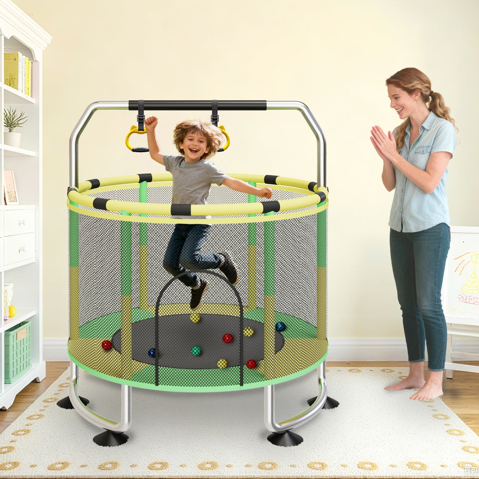G TALECO GEAR Trampoline for Kids, Toddler Trampoline with Adjustable Gymnastics Bar & Toys, Indoor & Outdoor Round Small Trampoline Gift for Boys & Girls,  400lbs, Yellow & Green