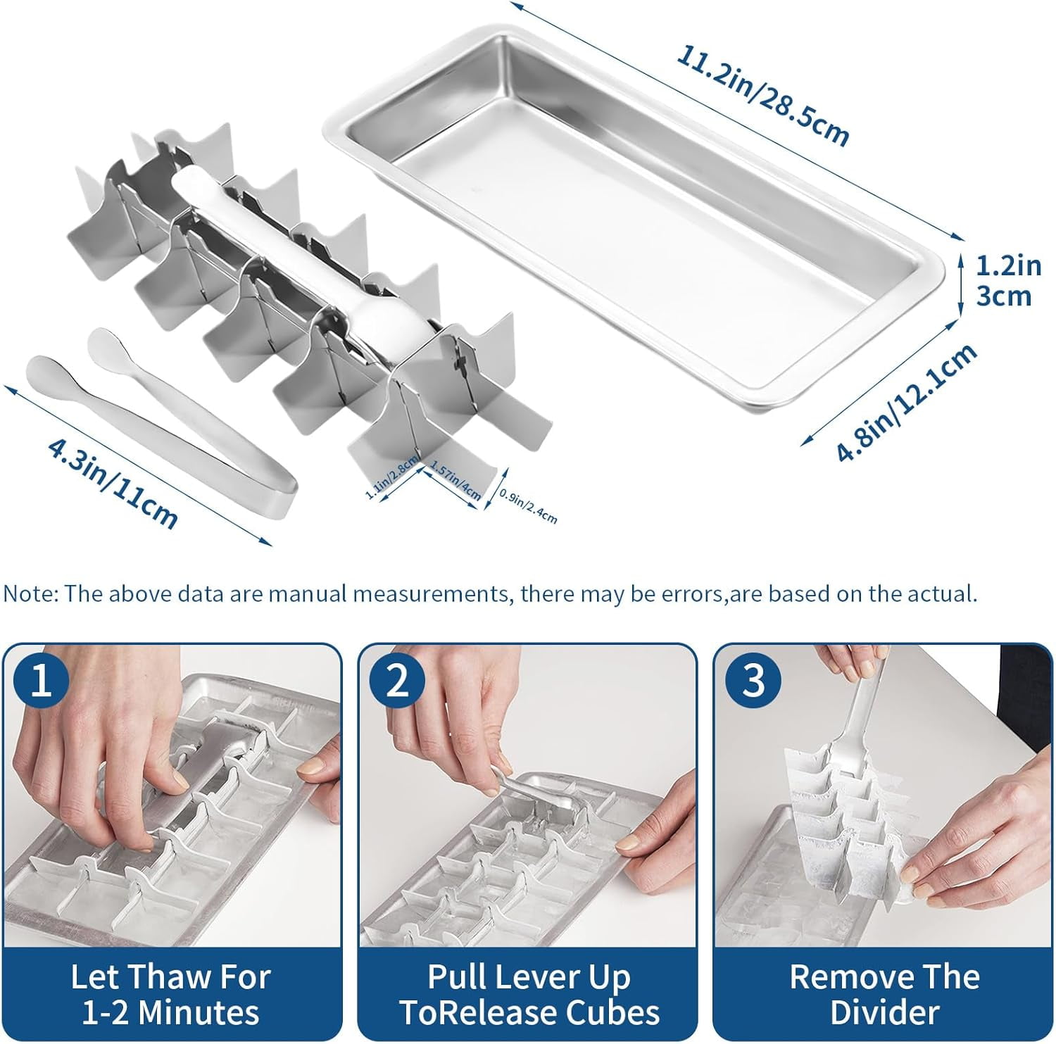 2Pcs Stainless Steel Ice Cube Trays for Freezer, Metal Ice Cube Trays with Lever, Reusable 18/8 Slot Ice Cube Mold for Bar & Kitchen (With Clips, 2PCS)