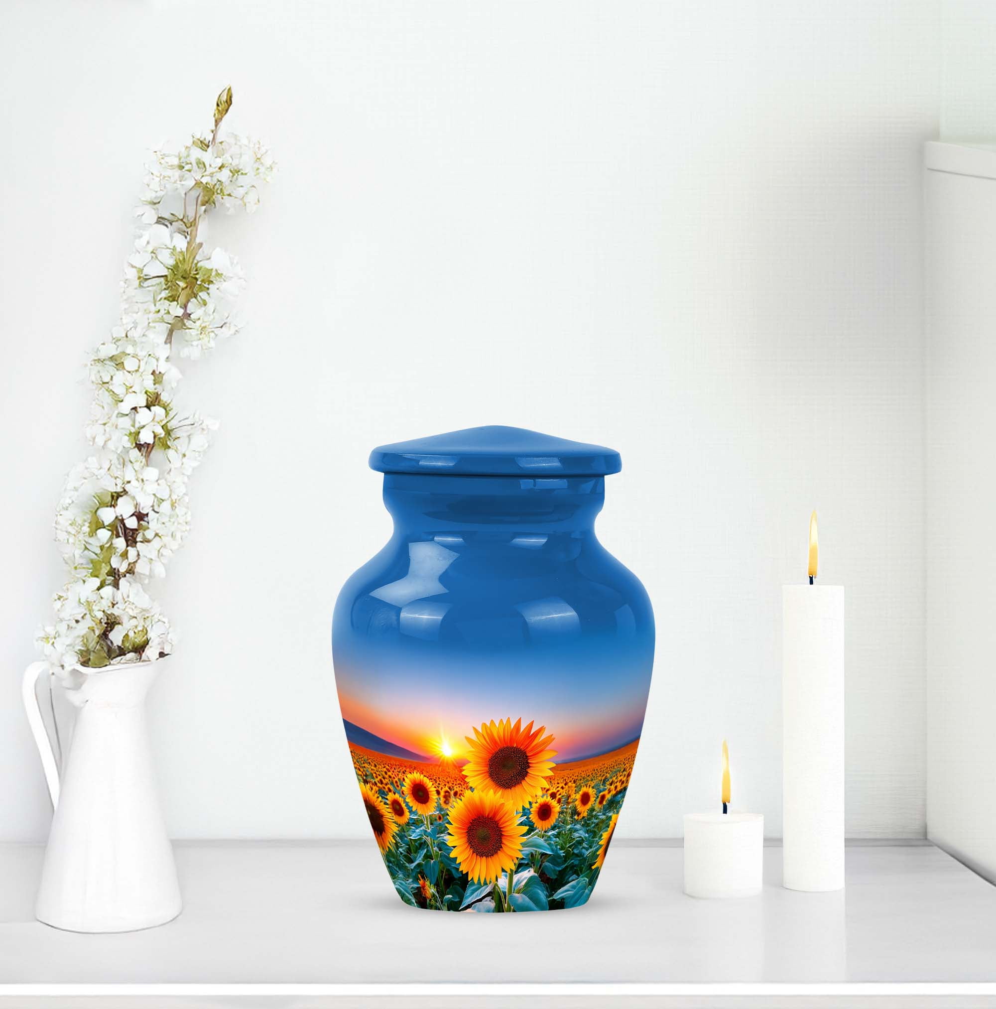 Sunflower Keepsake Urn For Ash Adult Male, 3-inch Sunset Mini Funeral Urn For Ashes For Women, Small Blue Cremation Urns For Human Ashes Adult Man