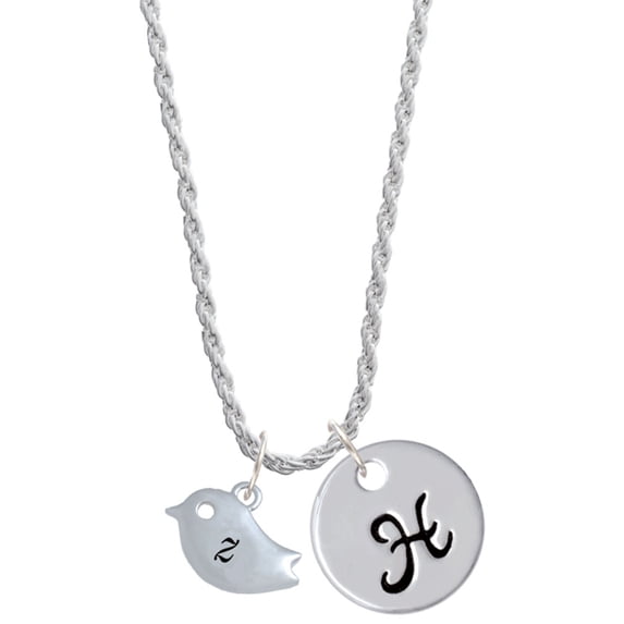 Delight Jewelry Silvertone Little Bird Initial - Z - Silvertone Script Initial Disc - H - Charm Necklace, 20"+3"