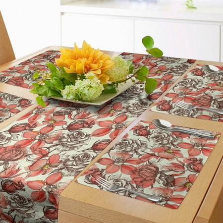 

Vintage Rose Table Runner & Placemats Continuous Flowers Bouquet Colored Motifs and Engraved Sketch Set for Dining Table Decor Placemat 4 pcs + Runner 14 x72 Coral Brown by Ambesonne