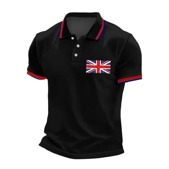 MNCEKFOD Polo Shirts For Men UK Flag Print Casual Bussiness Raglan Sleeve Button Lapel Breathable Leisure Mens Tops Black L