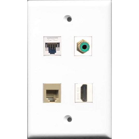 RiteAV 1 Port HDMI and 1 Port RCA Green and 1 Port Phone RJ11 RJ12 Beige and 1 Port Cat5e Ethernet White Wall Plate