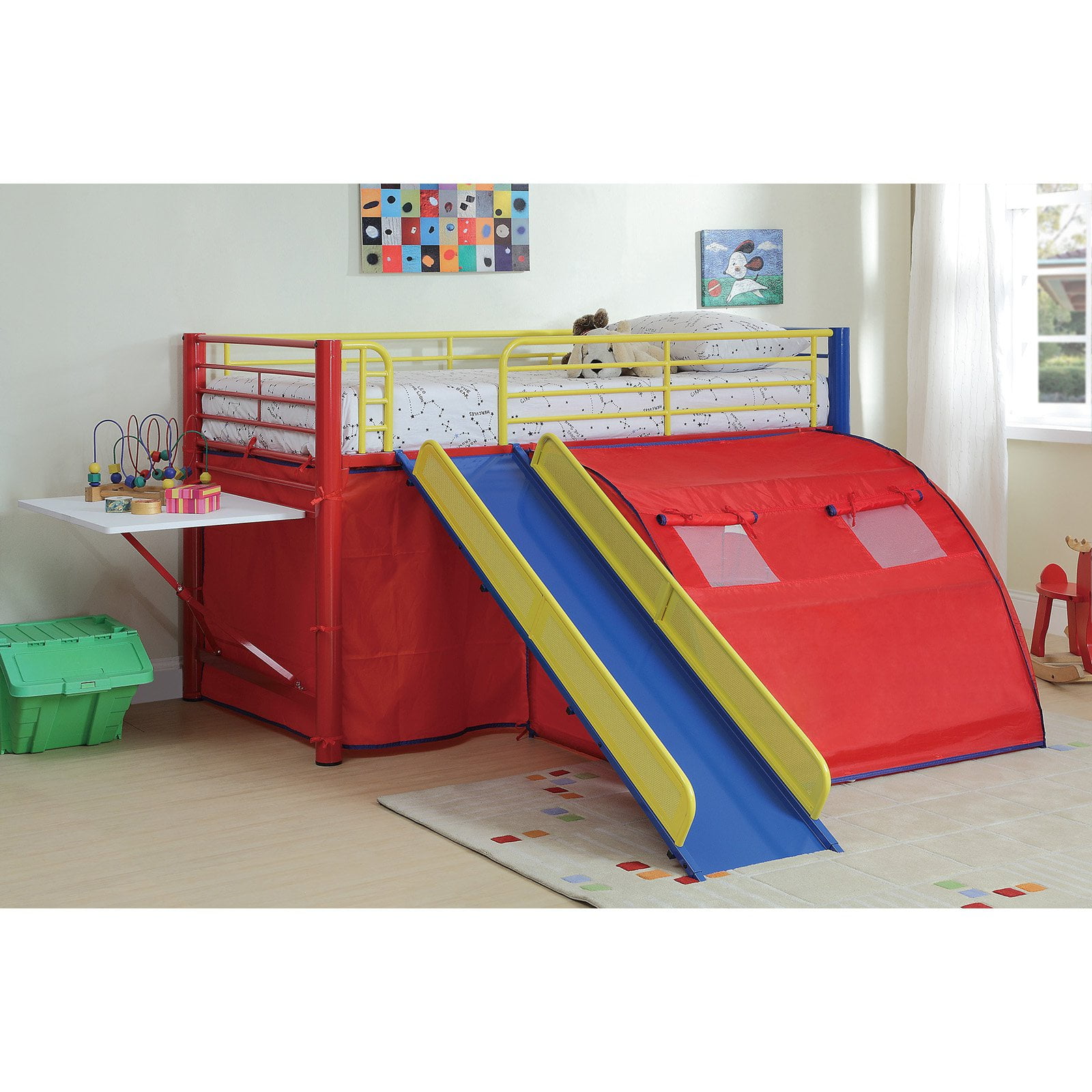 Coaster Youth Loft Bed With Slide And Tent Red Blue