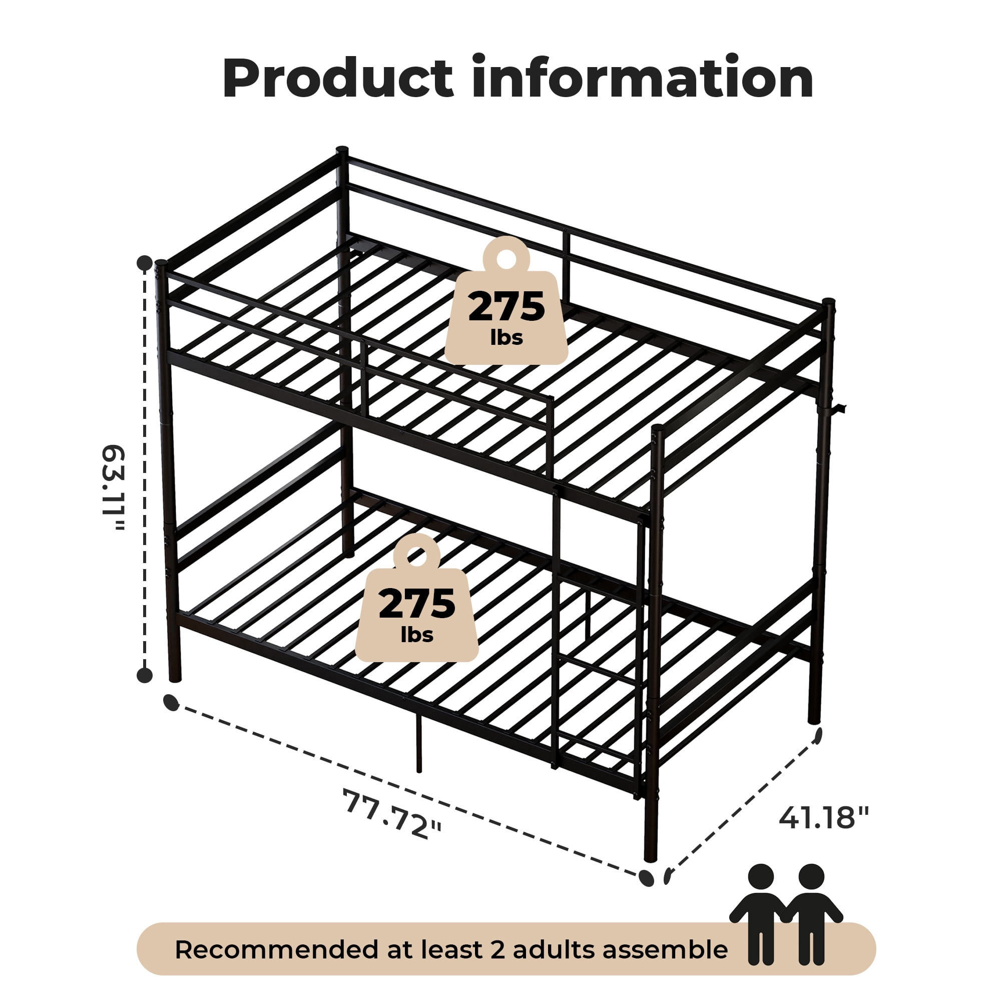 Alvantor Bunk Bed Twin over Twin, Metal Bunk Bed for Kids with Ladder and Anti-tip Bracket, Converted Into 2 twin bed Black