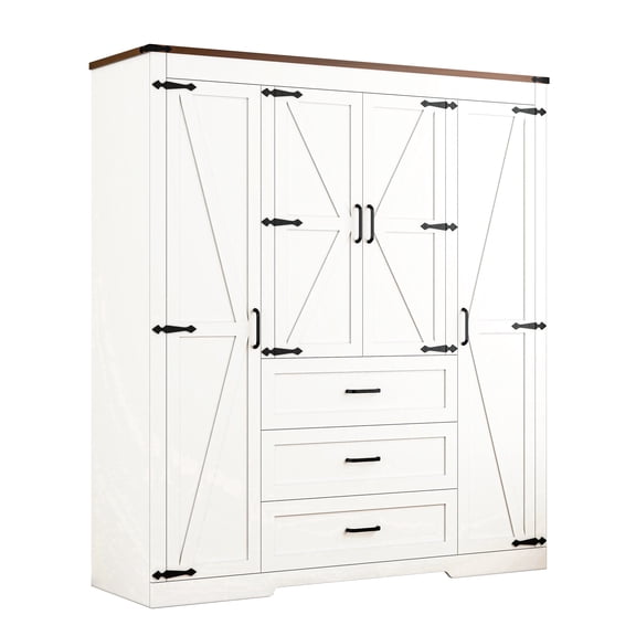 JassmiPkwy 4 Door Farmhouse Armoire Wardrobe Closet Cabinet with 3 Drawers, Hanging Rod, Adjustable Shelves, White