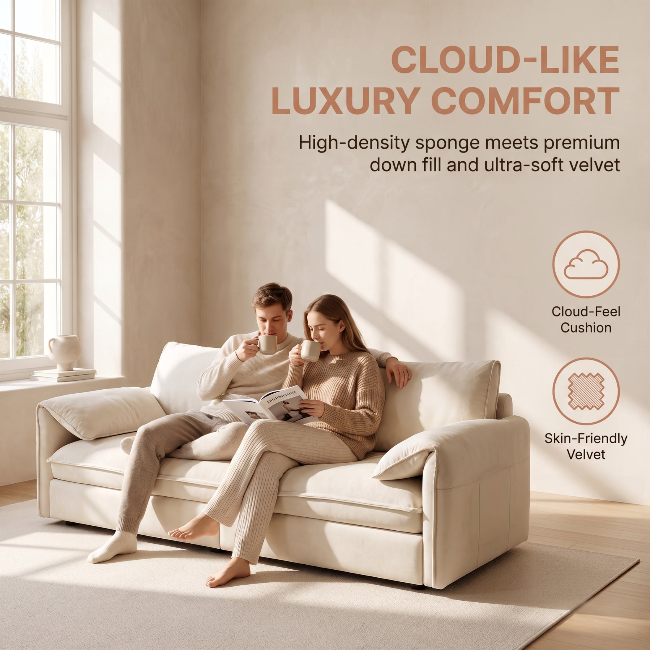 3-in-1 Queen Pull Out Sofa Bed, 66" Velvet Convertible Sleeper Couch with Deep Seat & Storage Pocket, Modern Folding Futon Sofa Bed, Beige