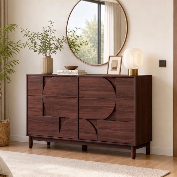 Alvantor 55" 6 Drawer Dresser, Wood Chest of Drawers TV Stand, Warm Brown