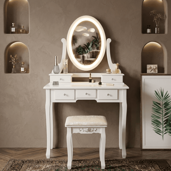 Vanity Desk with Lighted Mirror, White Makeup Dressing Table with 5 Drawers & Cushioned Stool, 360° Rotating Oval Vanity Mirror, Demountable Writing Desk for Bedroom